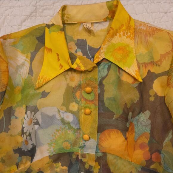 70s VTG Yellow Floral Maxi Dress + Sheer Coat Set Boho Cottagecore Festival Gown - Picture 11 of 15